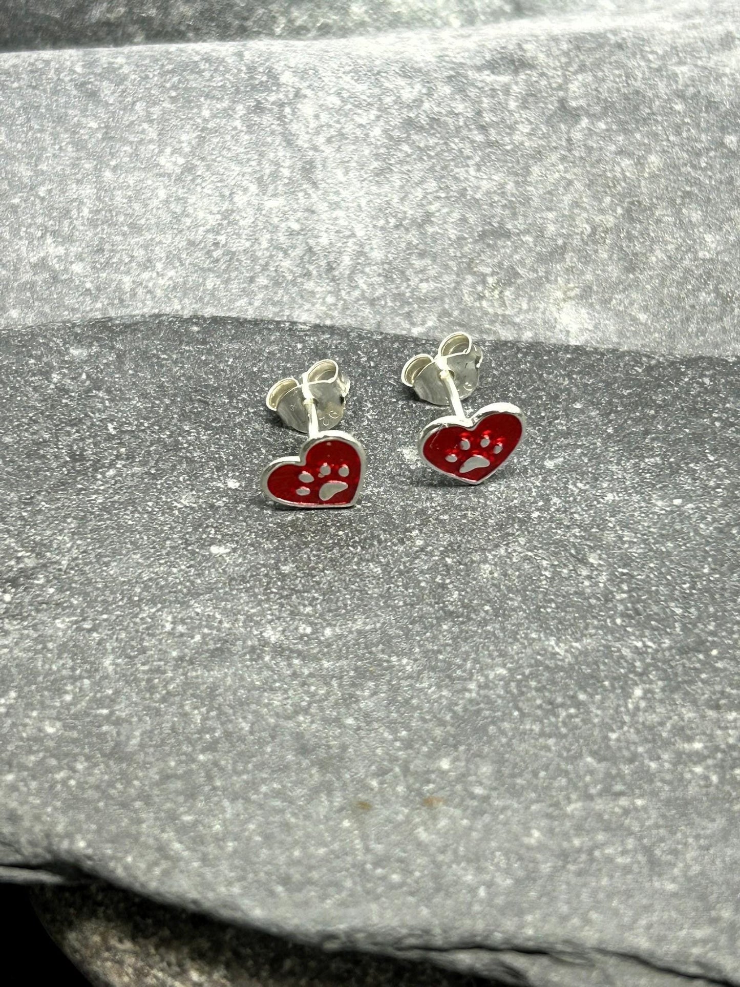 Paw Print Heart - 925 Sterling Silver Colourful Ear Studs - Boxed