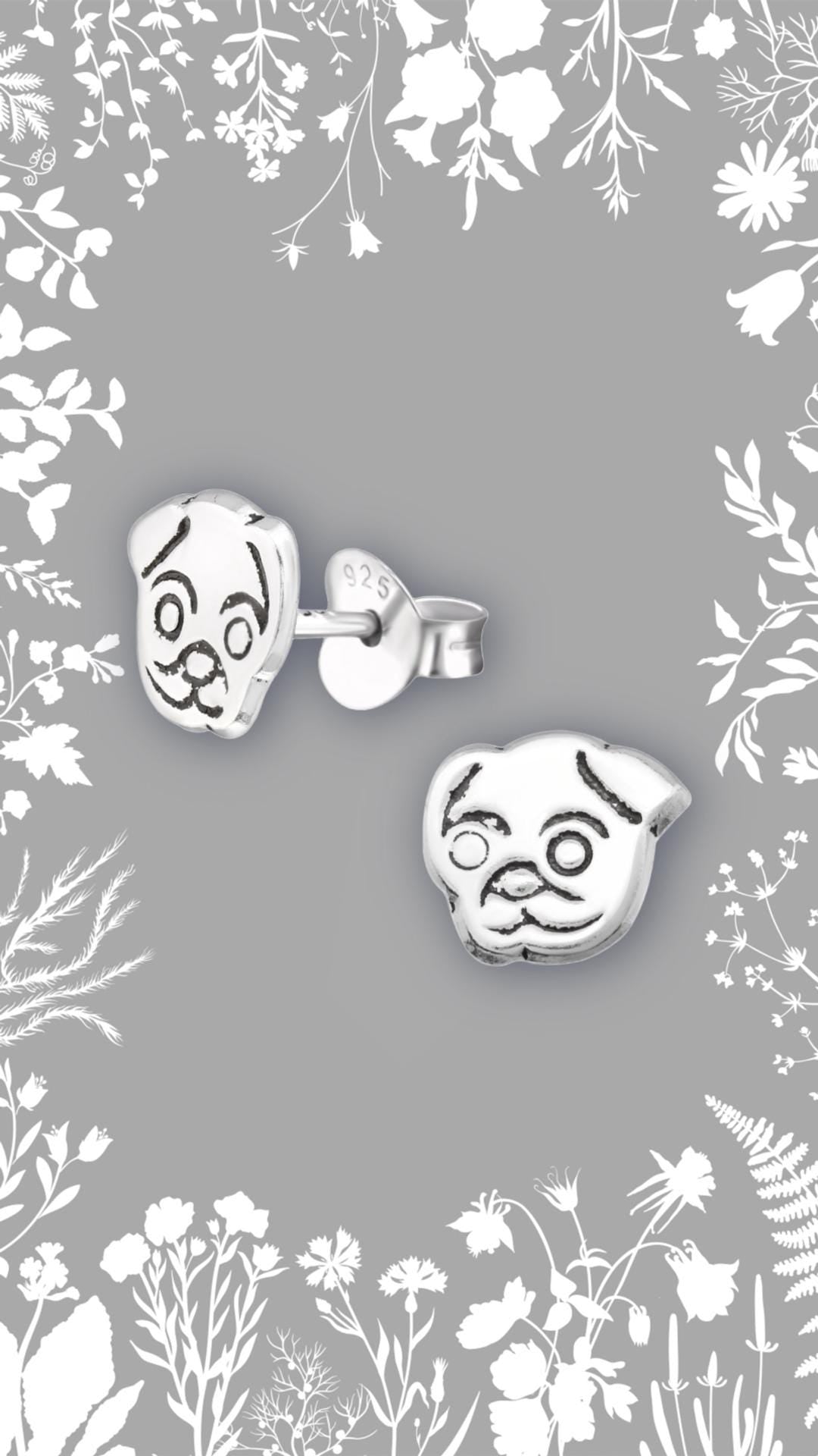 Pug Dog - 925 Sterling Silver Plain Ear Studs