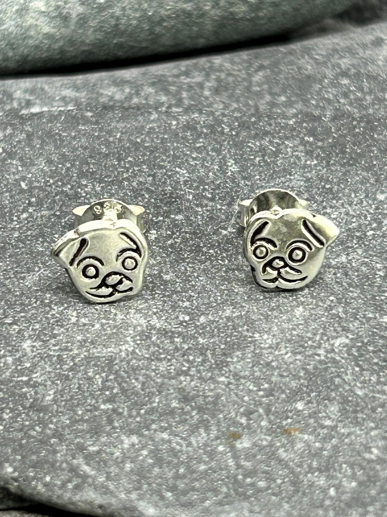 Pug Dog - 925 Sterling Silver Plain Ear Studs