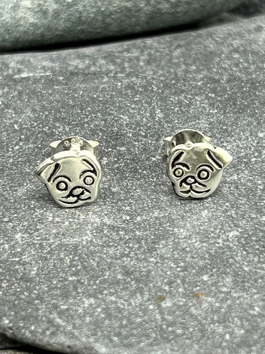 Pug Dog - 925 Sterling Silver Plain Ear Studs