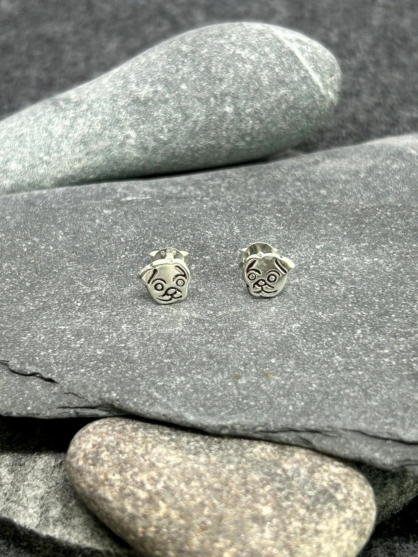 Pug Dog - 925 Sterling Silver Plain Ear Studs