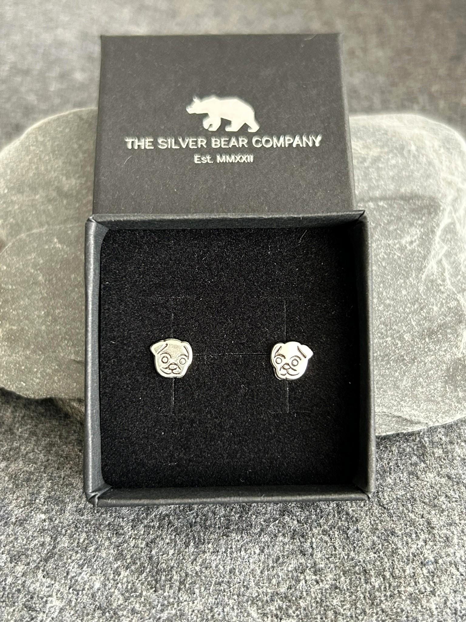 Pug Dog - 925 Sterling Silver Plain Ear Studs